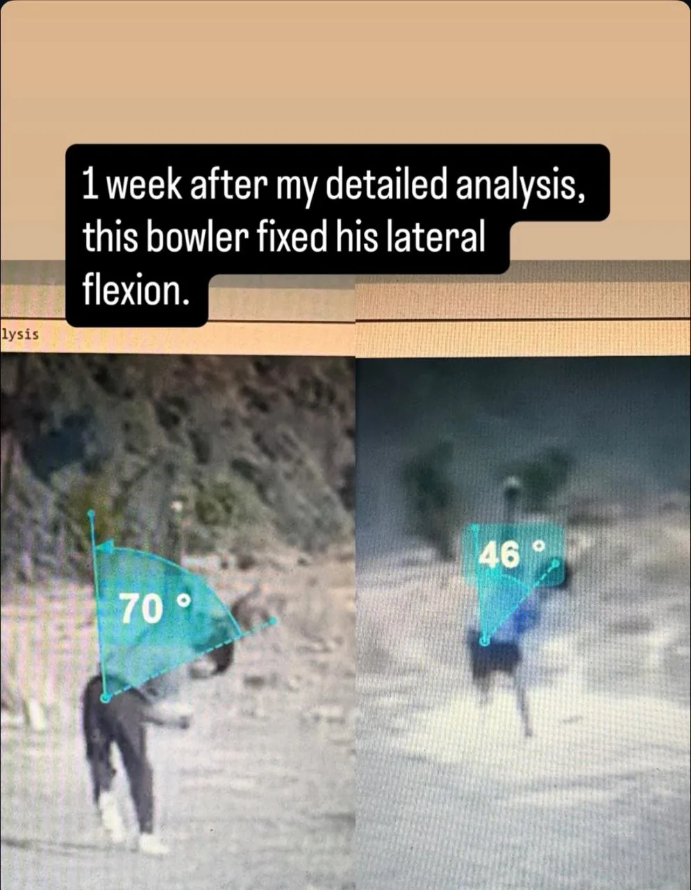 Before and after bowling analysis showing lateral flexion improvement