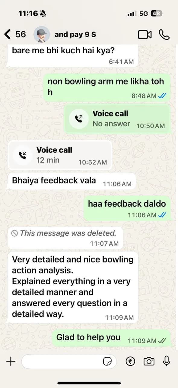 WhatsApp review praising detailed bowling action analysis