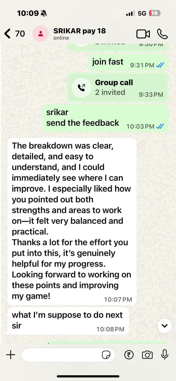 WhatsApp review describing clear and practical feedback
