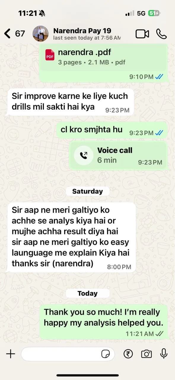 WhatsApp review praising easy-to-understand bowling analysis