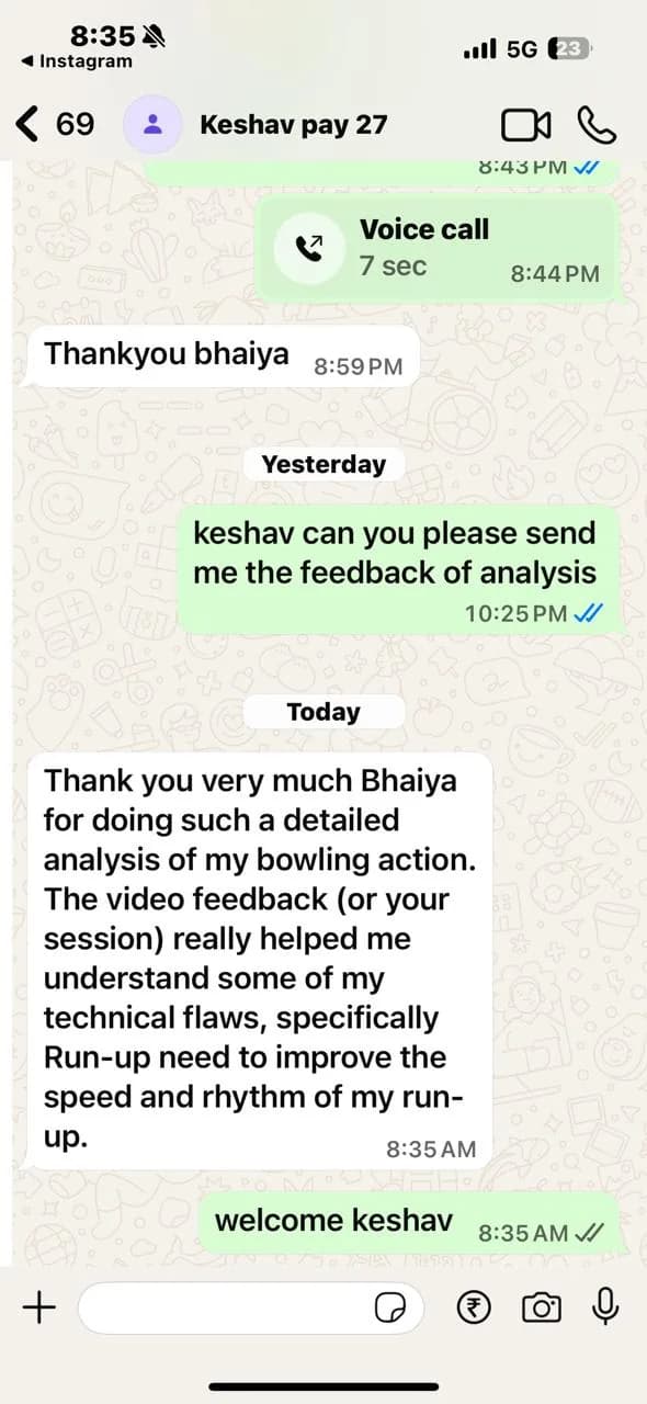 WhatsApp review praising detailed bowling analysis and run-up feedback